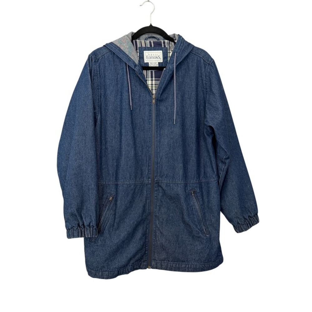 Basic Editions Denim Barn Jacket Size S Blue Hooded Flannel Lined Chore Coat